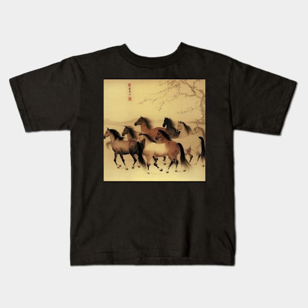 Chinese painting horses in motion Kids T-Shirt by KAWAIIBYHM